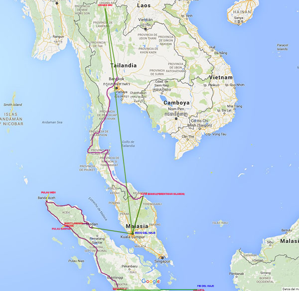 Mapa del sudeste asiático con la ruta de nuestro viaje entre Tailandia, Malasia e Indonesia - Viajes Ikertanoa