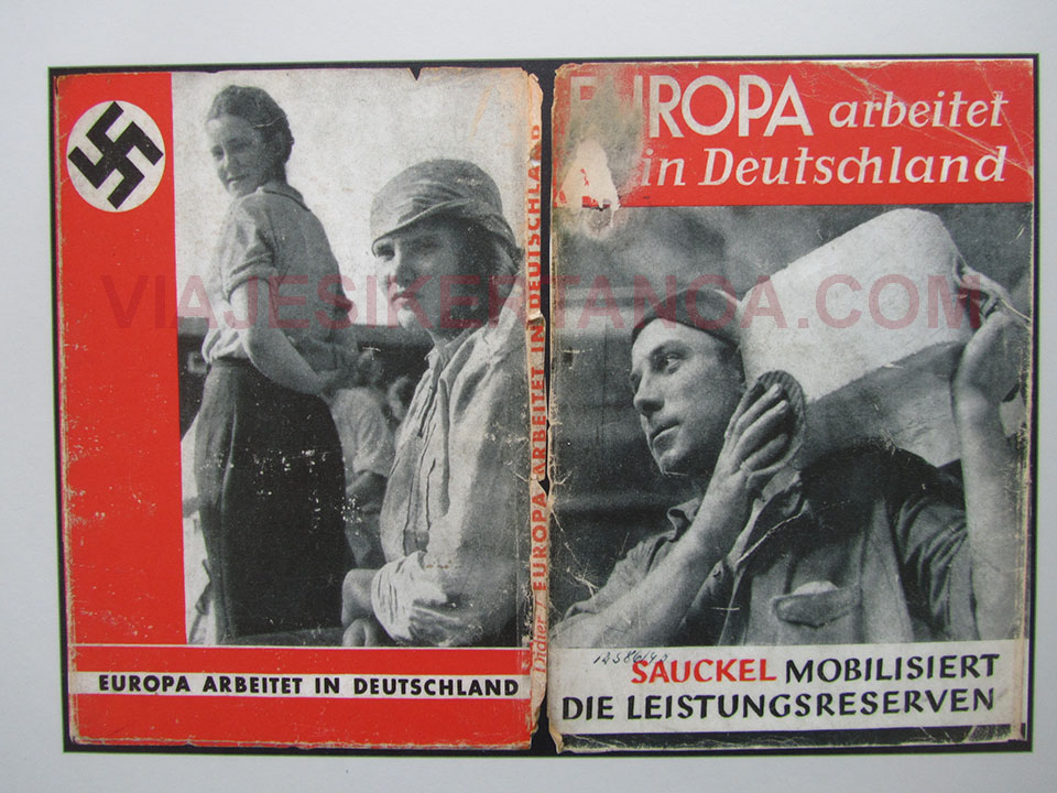 Panfleto porpangandístico del regimen nazi en el campo de concentracion de Neuengamme en Hamburgo, Alemania.